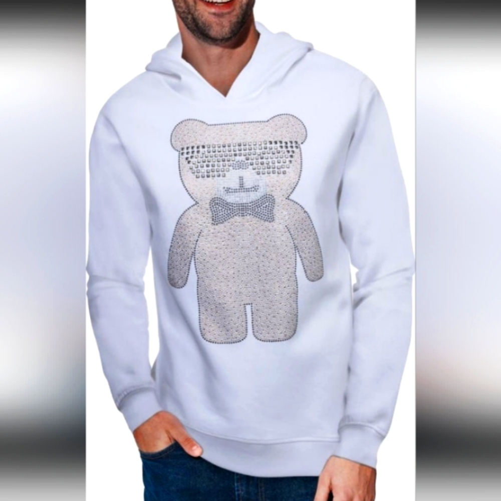 New Nordstrom Xray White Studded Graphic Bear Hoodie Sz L NWT